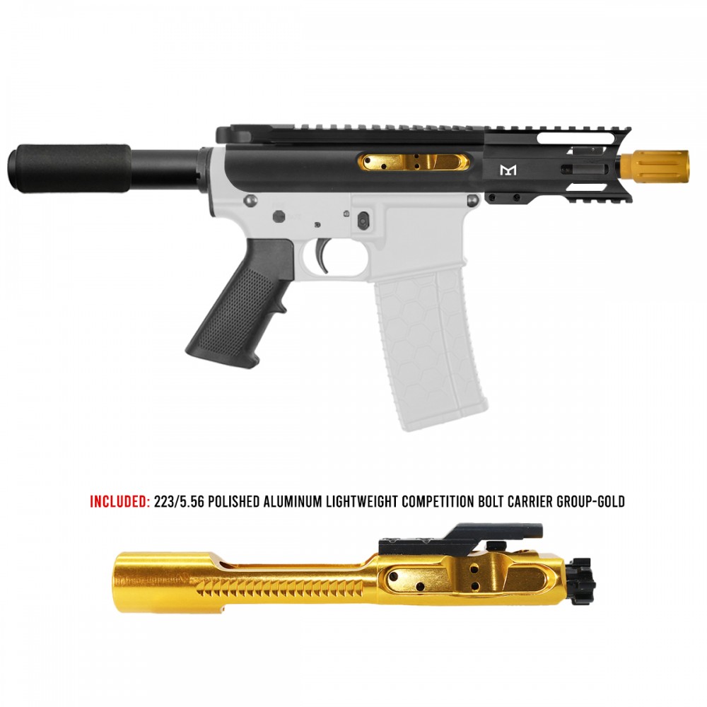 AR-15 5.56 NATO 5'' PISTOL KIT - FORGED UPPER WITH 4'' M-LOK HANDGUARD- SLICK SLIDE-INCLUDEG GOLD BCG